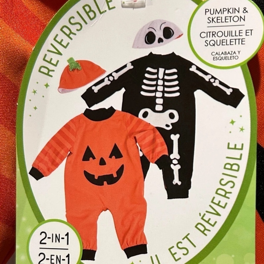 ORANGE AND BLACK PUMPKIN AND SKELATON REVERSIBLE COSTUME FOR KIDS - Picture 10 of 12